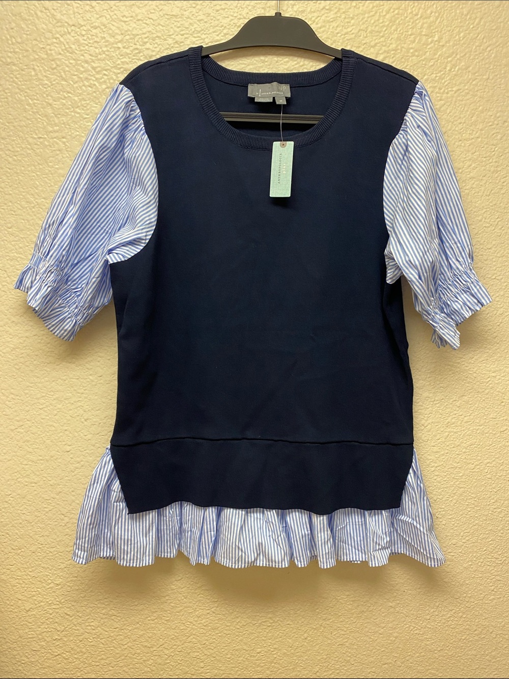 Anthropologie Navy Knit Layered Top with Blue & White Stripes